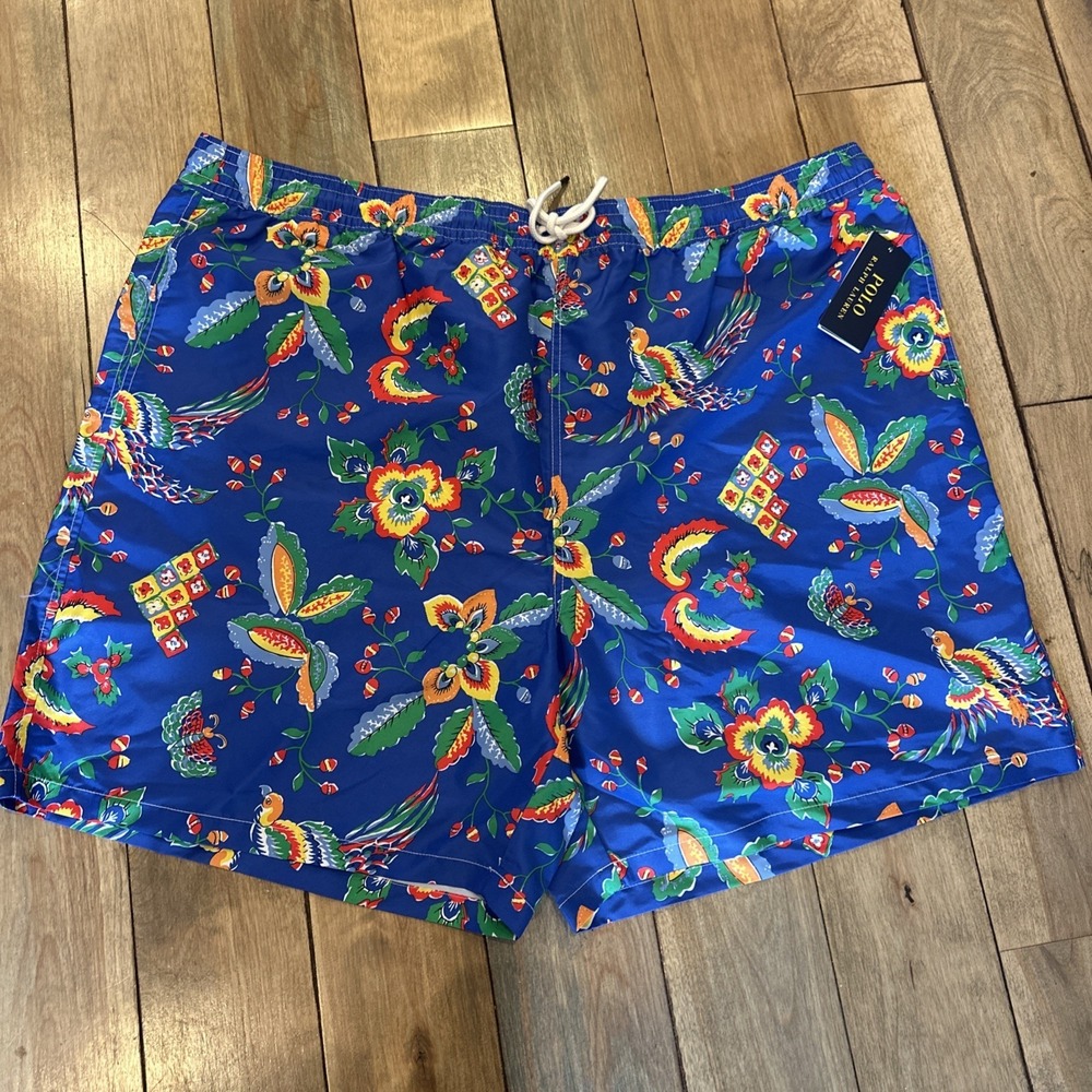 Polo Ralph Lauren Men's Big & Tall Floral‎ Bird Blue Swim Trunks Pony Size 4XLT